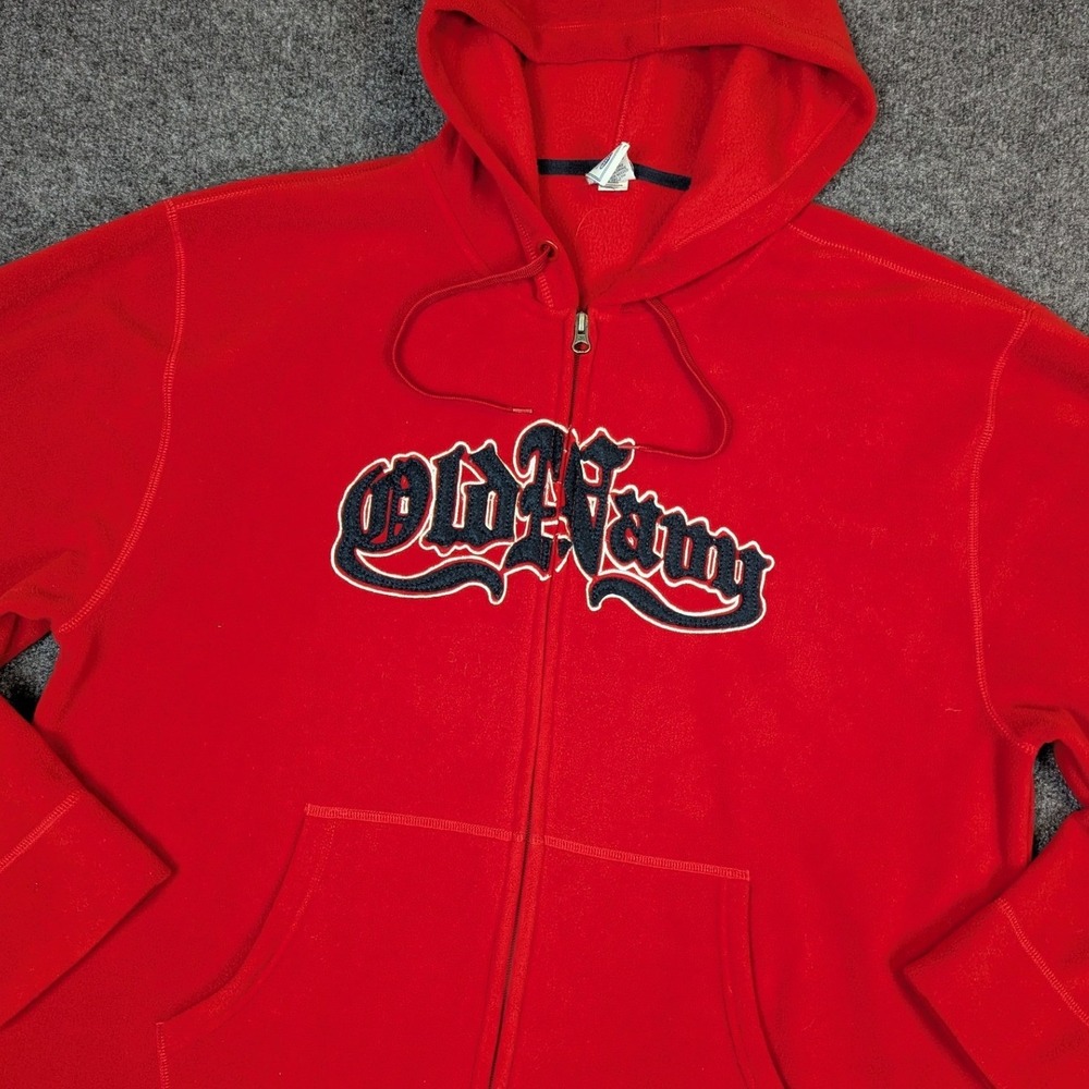 Vintage Old Navy Red Fleece Full Zip Hoodie XL Embroidered Spellout Logo 2005